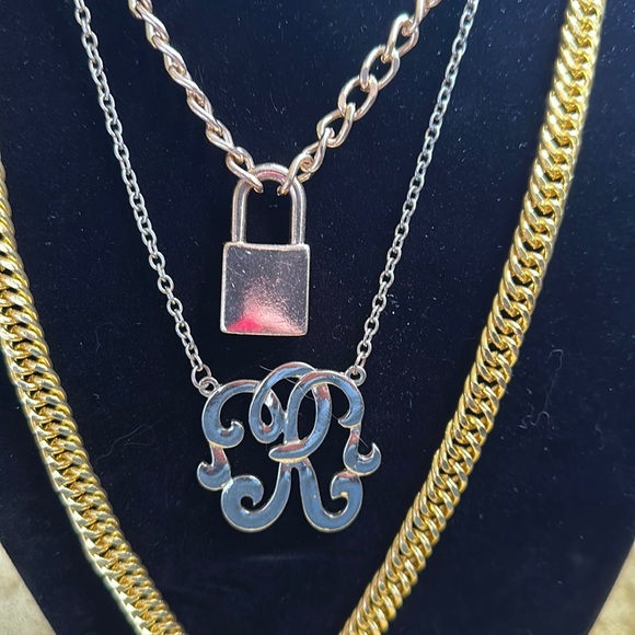Zara 1st $ Gold + Crystals Link Chain 2nd lock chain 3rd script letters. Hip Hop - Picture 2 of 7